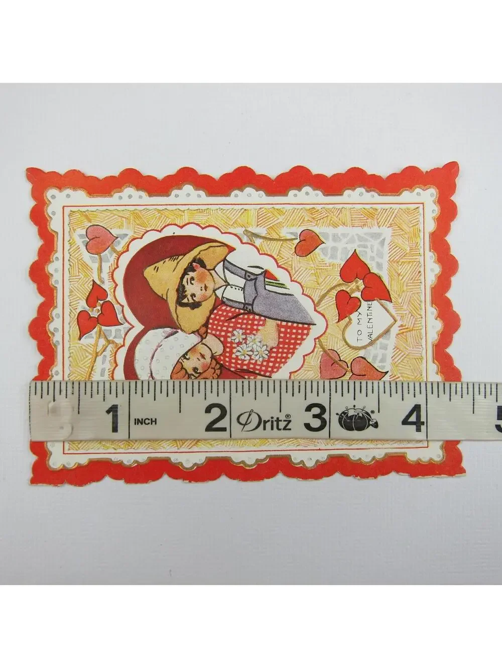 Vintage Valentine Card Die cut Bifold Boy & Redhead Girl Hats Red Heart UNSIGNED